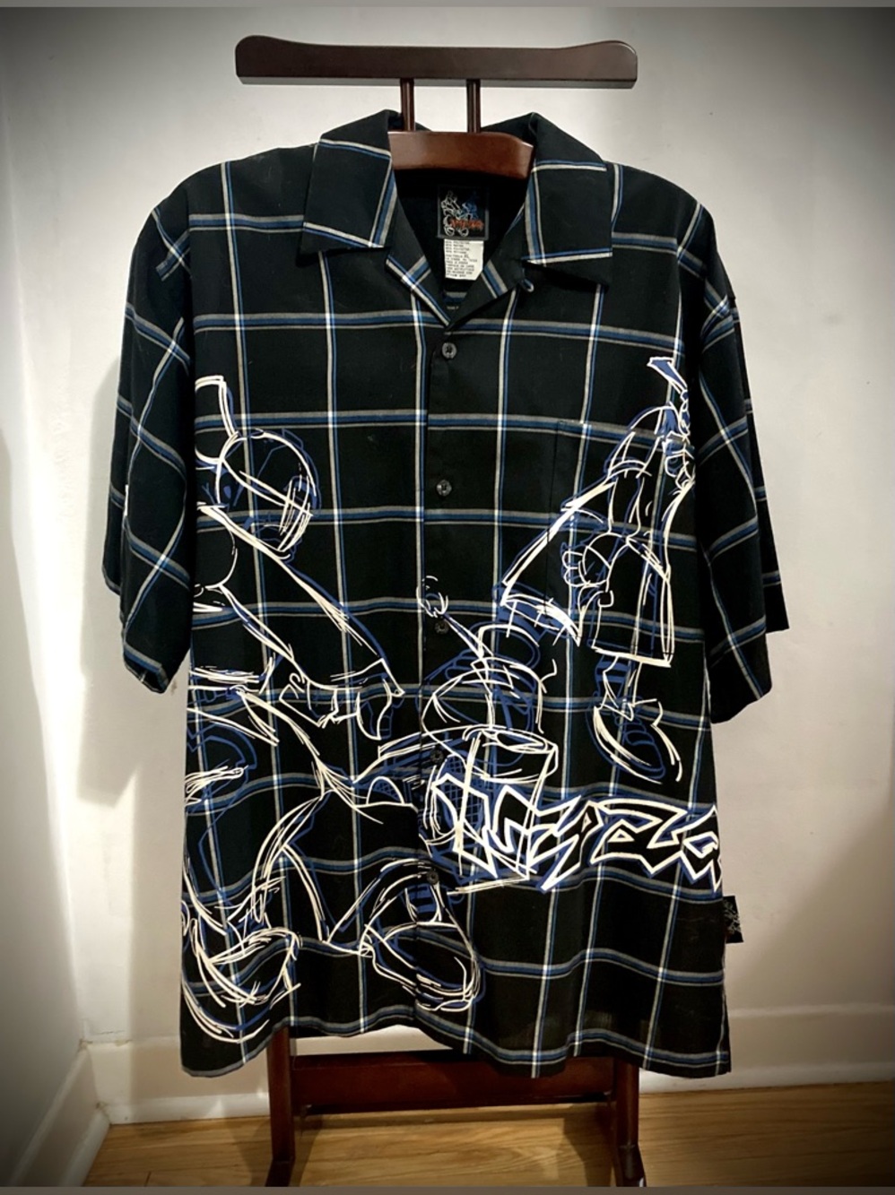 Graffiti Streetwear Short Sleeve Plaid Button Down Shirt XL